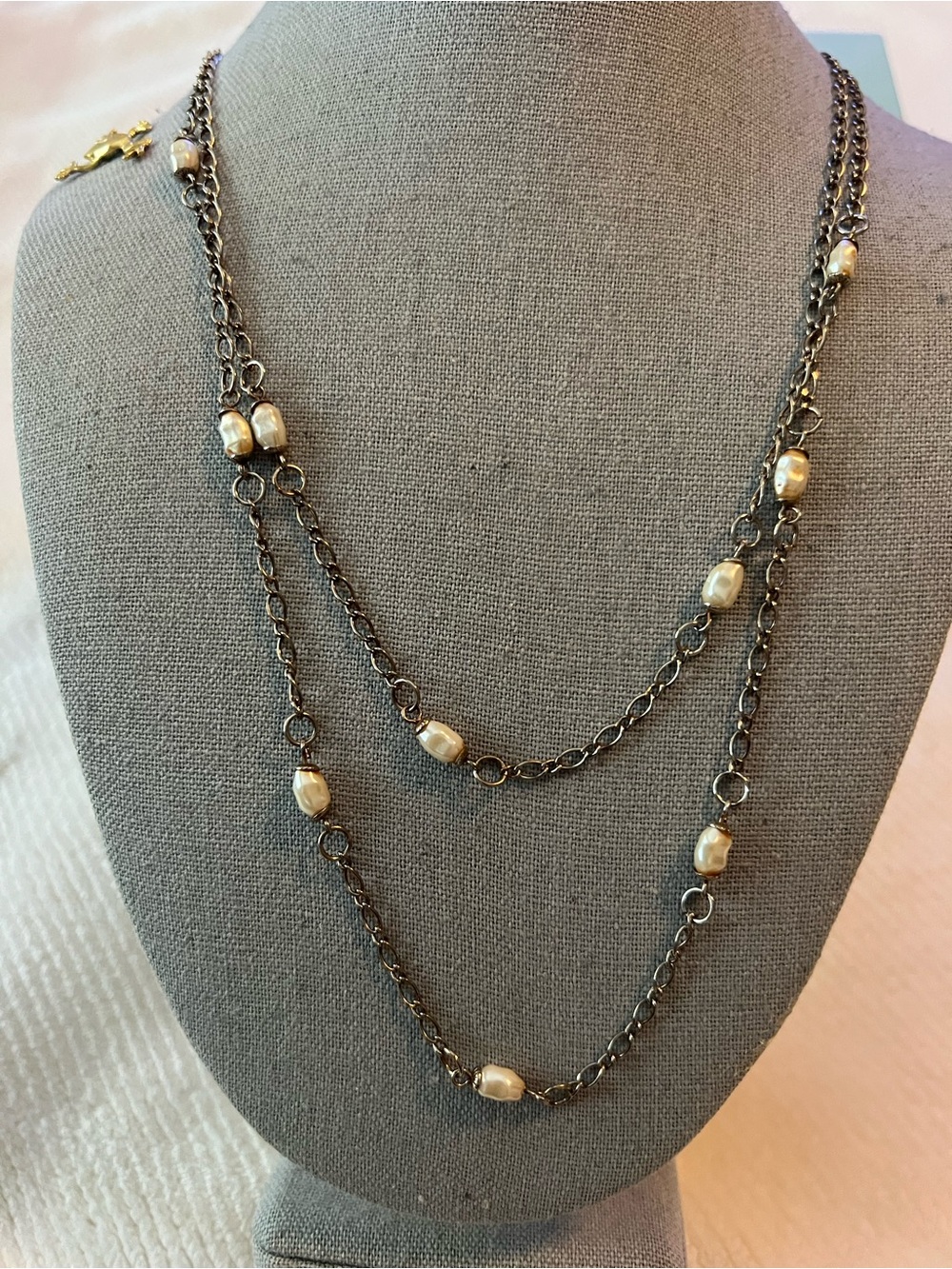 Gold Genuine Freshwater Pearl Station Double Layered Necklace